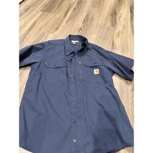 Carhartt Mens Blue Ripstop Short Sleeve Button Down Work Shirt Large SS-RG 396-
